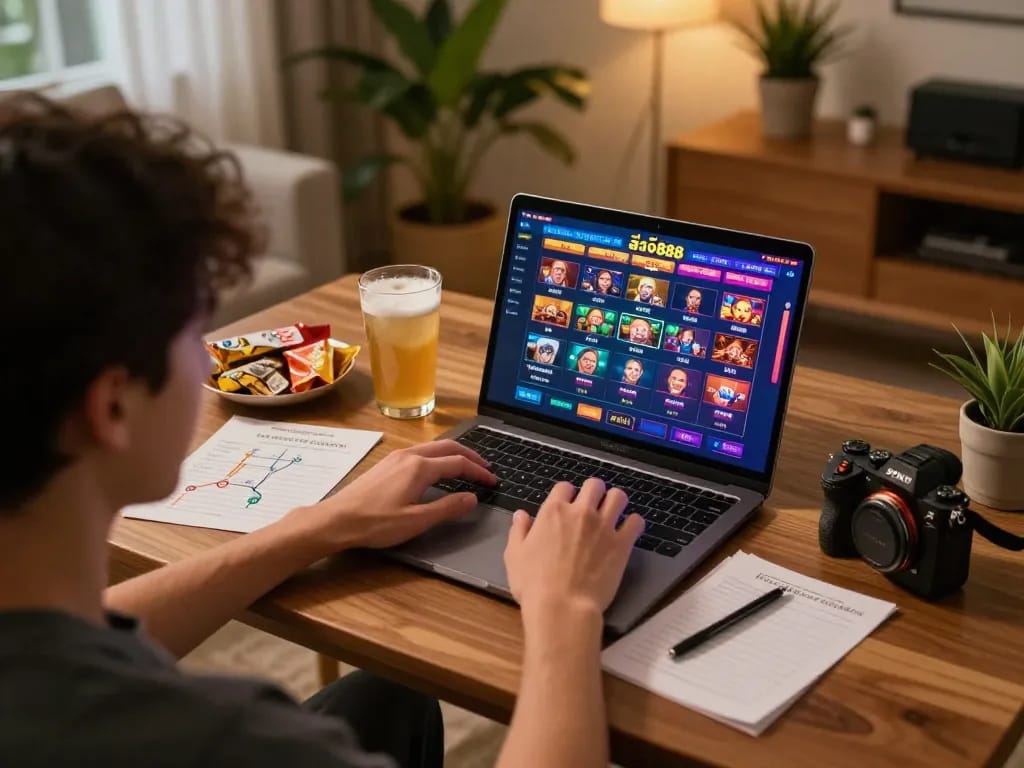 Player engaged in online สล็อต888 gameplay at home, showcasing a vibrant gaming setup.