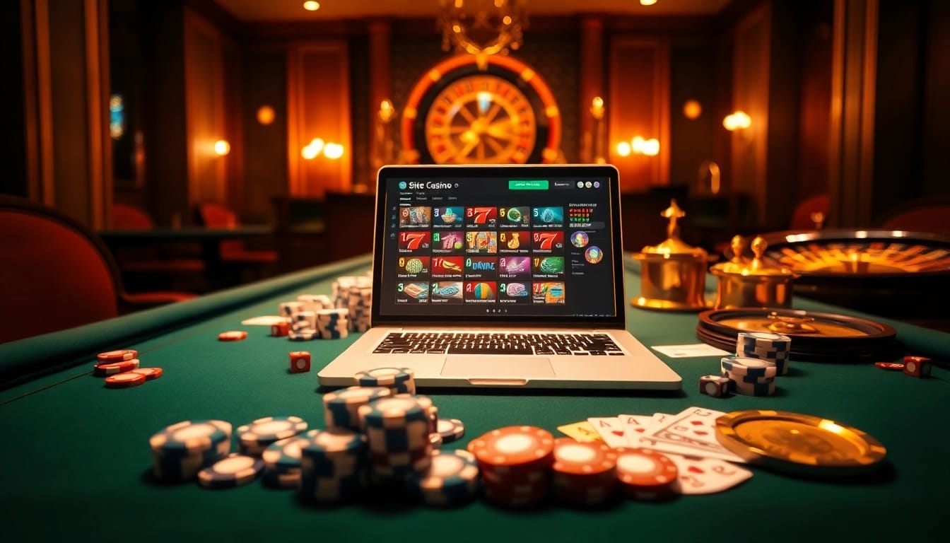 Scène engageante de jeux d'argent en ligne présentant un site de casino en ligne vibrant avec des éléments de casino luxueux.