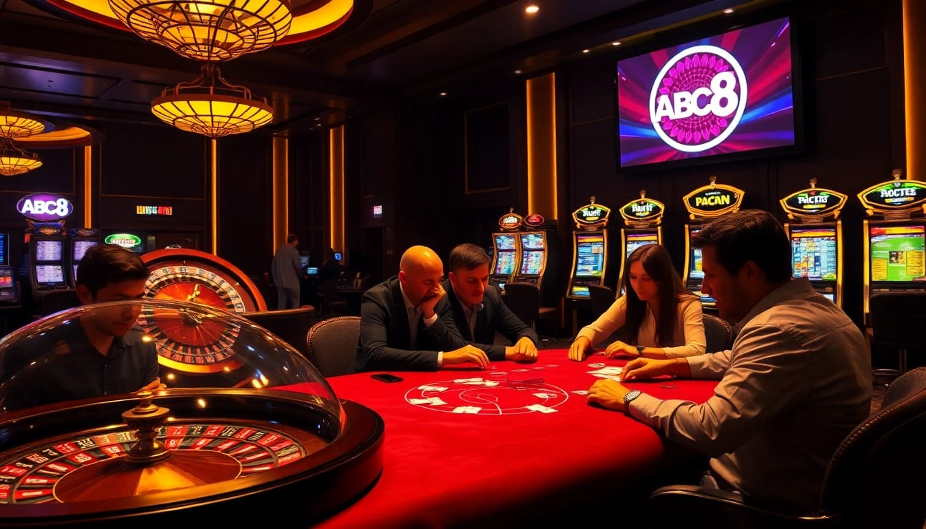 Players enjoying an exciting game of poker at ABC8 casino, surrounded by vibrant lights and luxury.