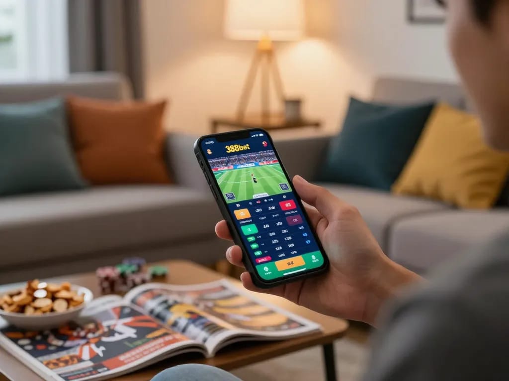 Engaged bettor using 388bet app on smartphone to place live sports bet in cozy home.