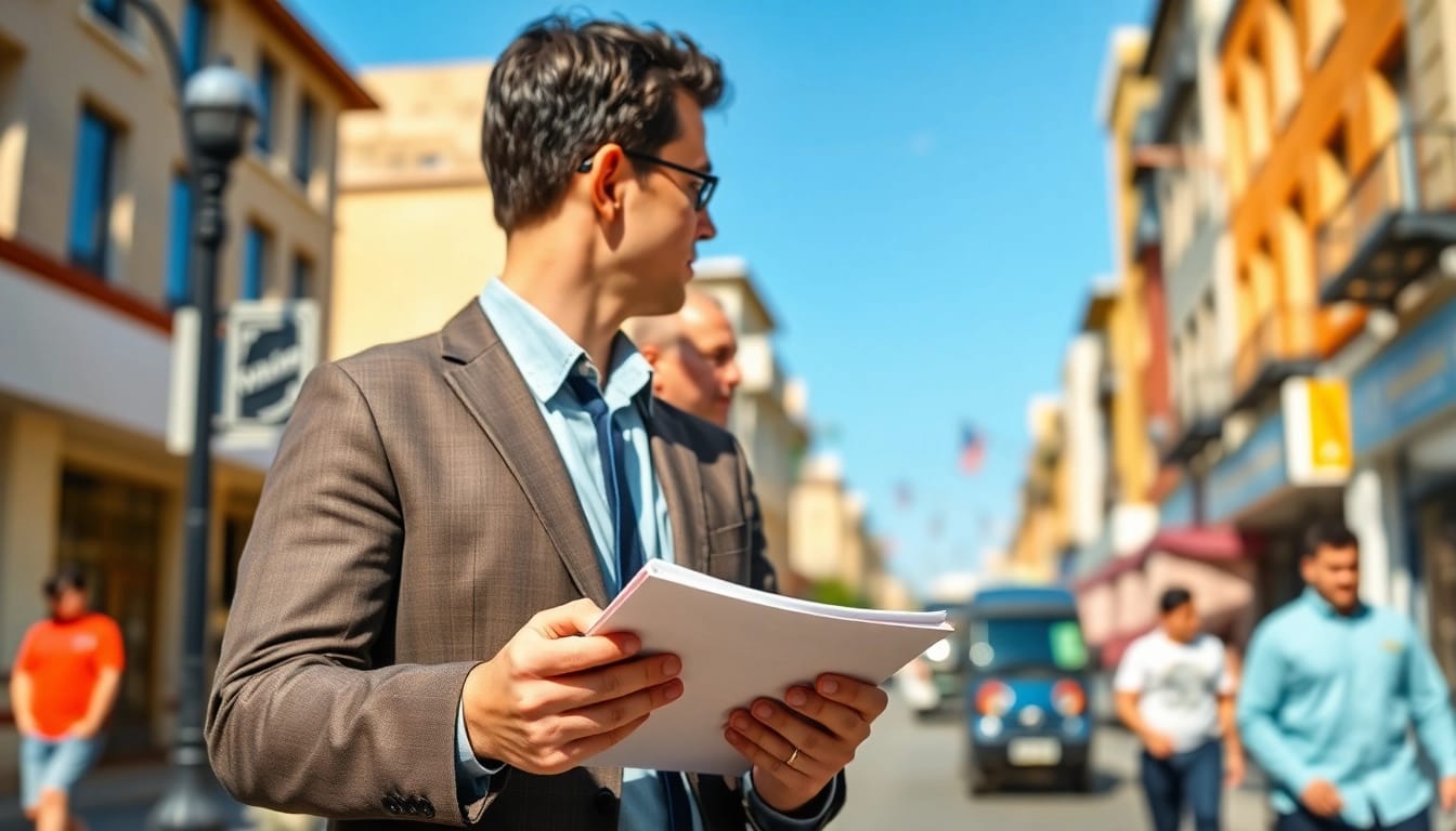 Capture the essence of local reporting at https://www.thedailynewsonline.com featuring a journalist in an urban setting.