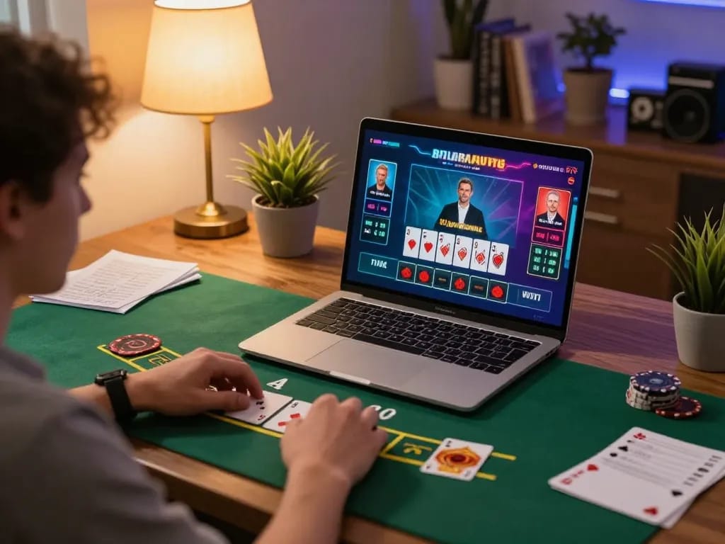 Agen Casino Online gameplay with a user enjoying live dealer blackjack at home, laptop interface on screen.