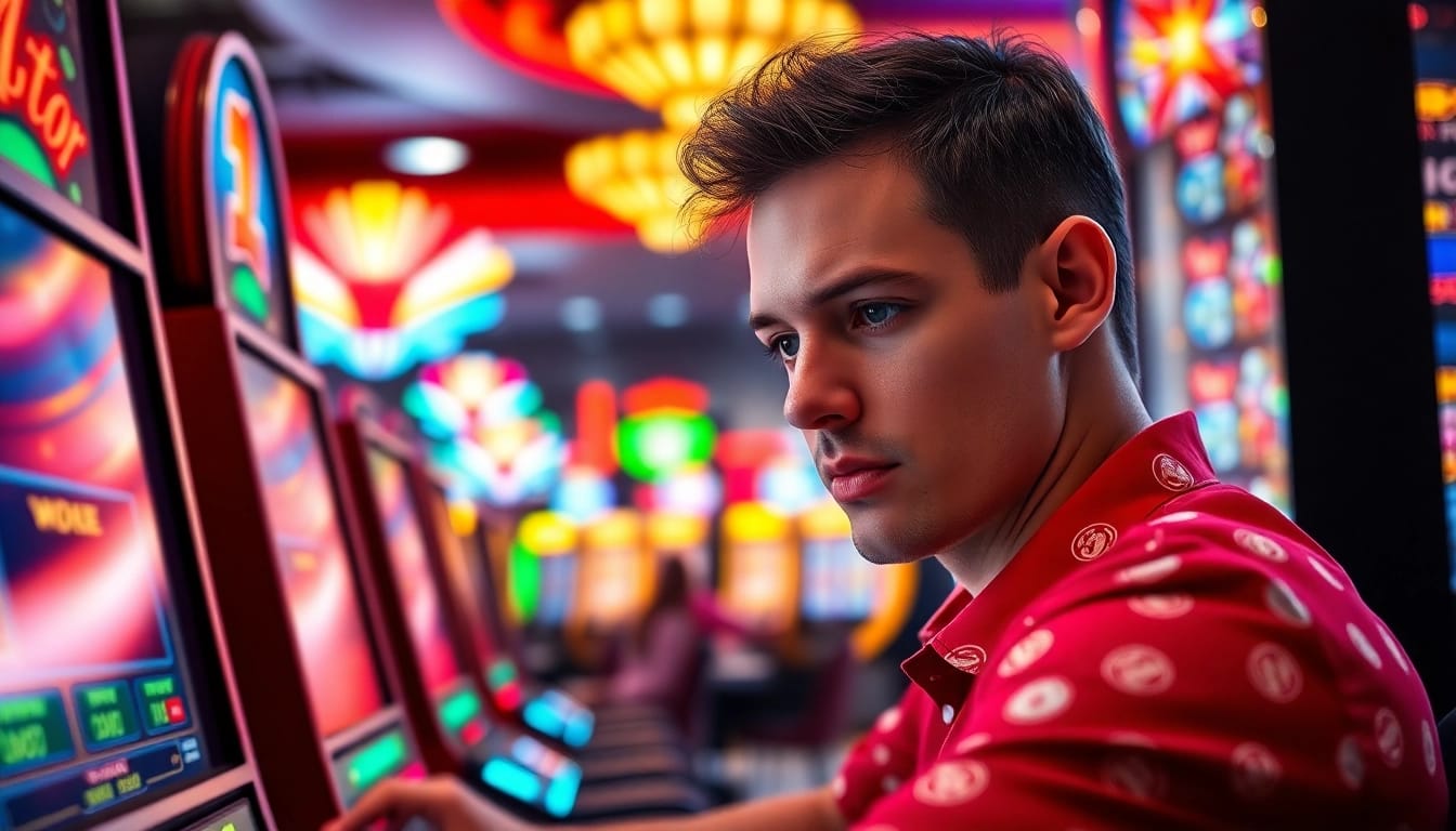 Menggambarkan suasana slot depo 1k kasino online dengan pemain fokus di permainan slot.