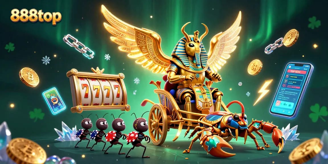 Join the excitement at 888top with our vibrant slot games, featuring golden scarabs and neon coins.