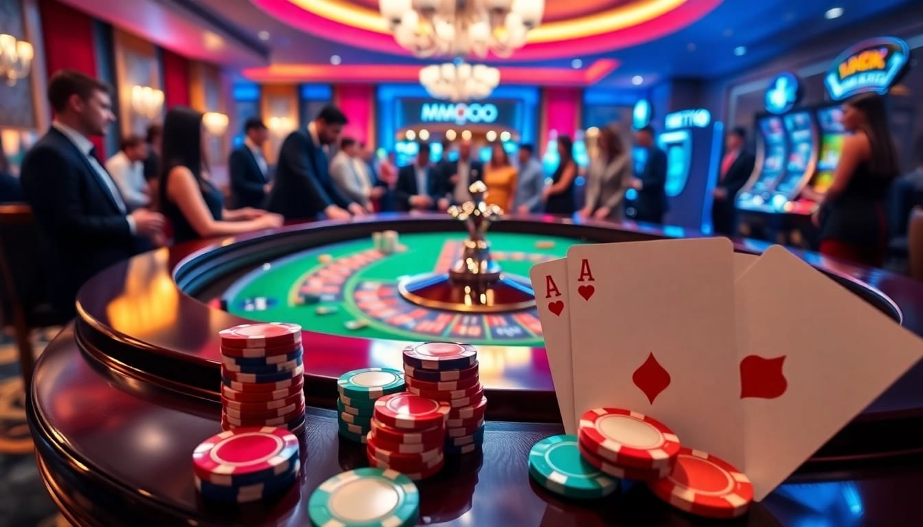 Exciting casino action at Nhà Cái MMOO with roulette, poker chips, and vibrant slot machines.