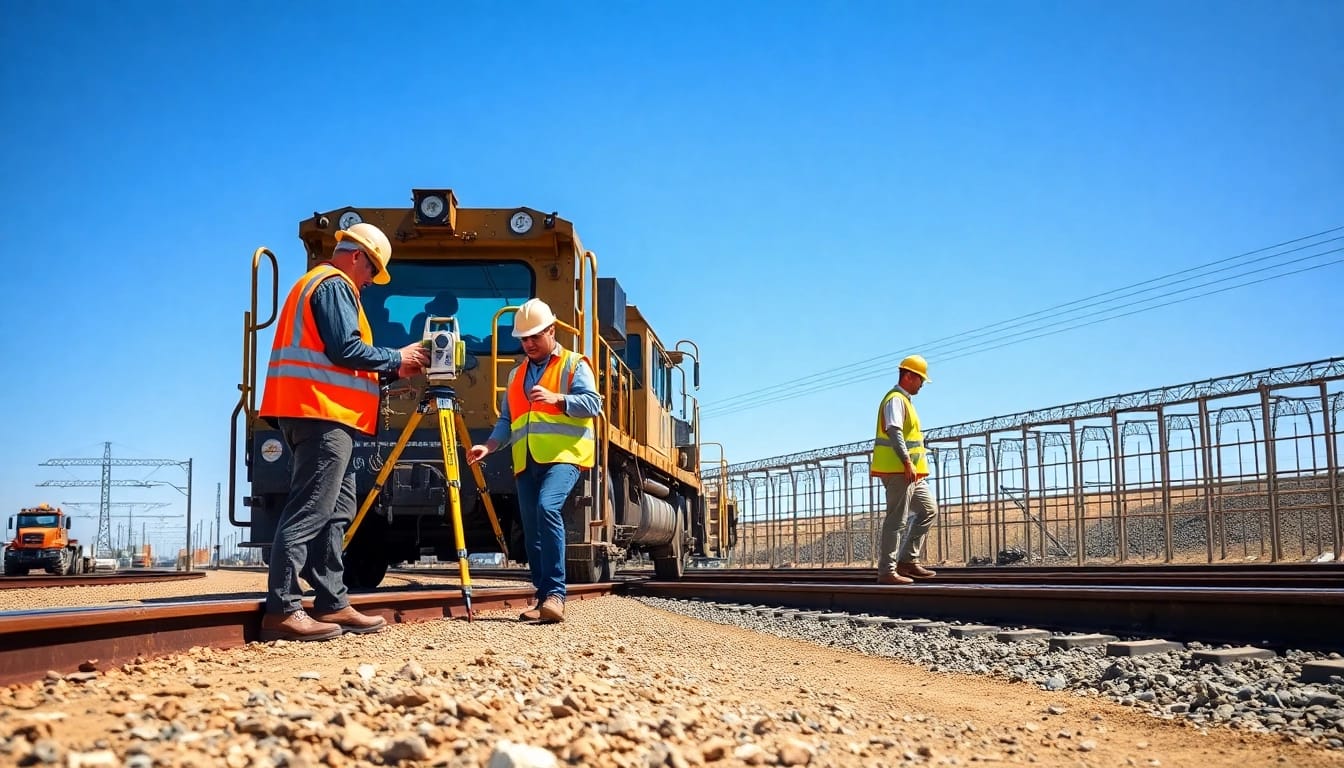 Railroad Contractors collaborating on a construction site with heavy machinery in action.