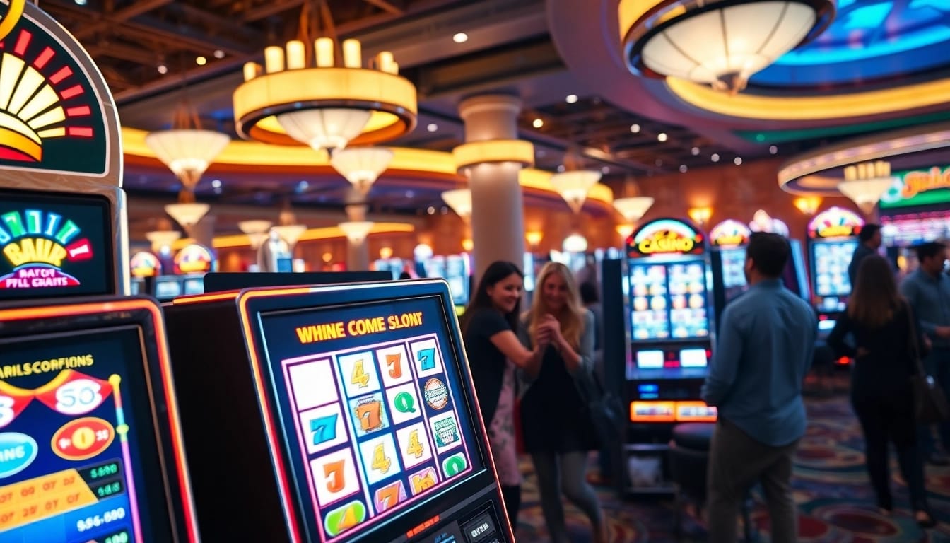 Menampilkan situs slot777 yang menarik di kasino dengan mesin slot berwarna-warni dan pemain yang antusias.