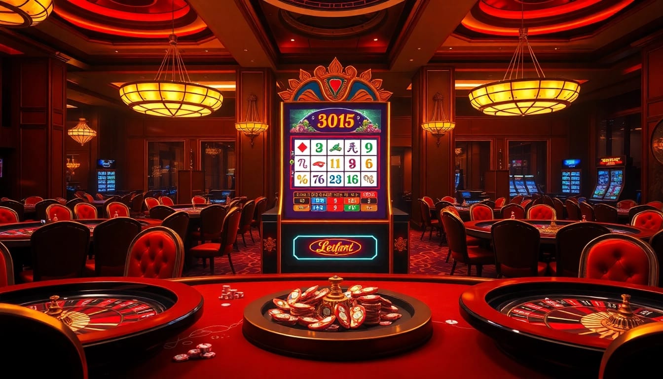 Experience the thrill of a mahjong slot demo amidst luxury casino elements including roulette wheels and poker chips.