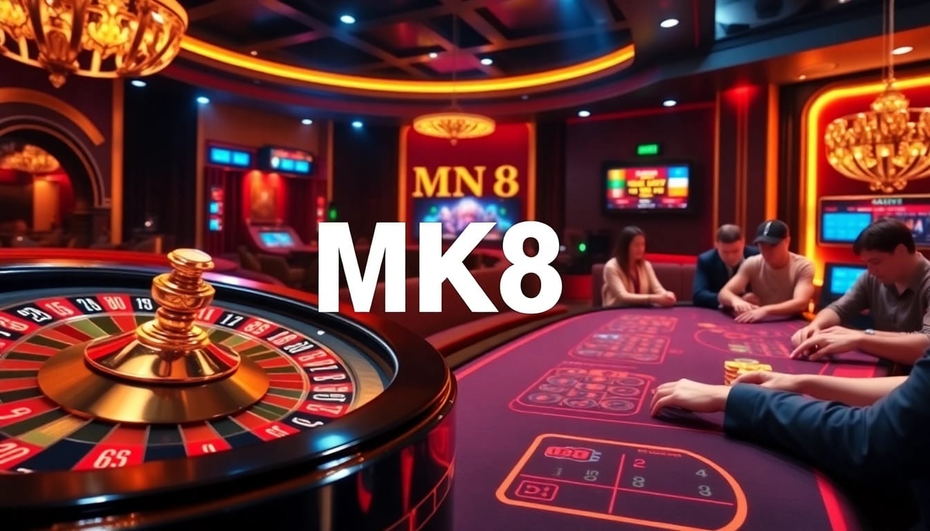 Experience thrilling online gambling at MK8 with vibrant poker chips and roulette action.