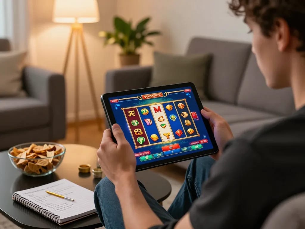 Engaging online gaming moment showcasing casino senza licenza aams on tablet amidst home comfort and strategic notes.
