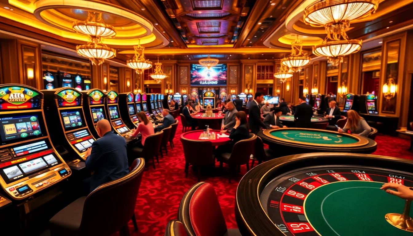 Des joueurs profitant d'une expérience vibrante sur un site de casino en ligne avec des jetons de poker et des tables de roulette.