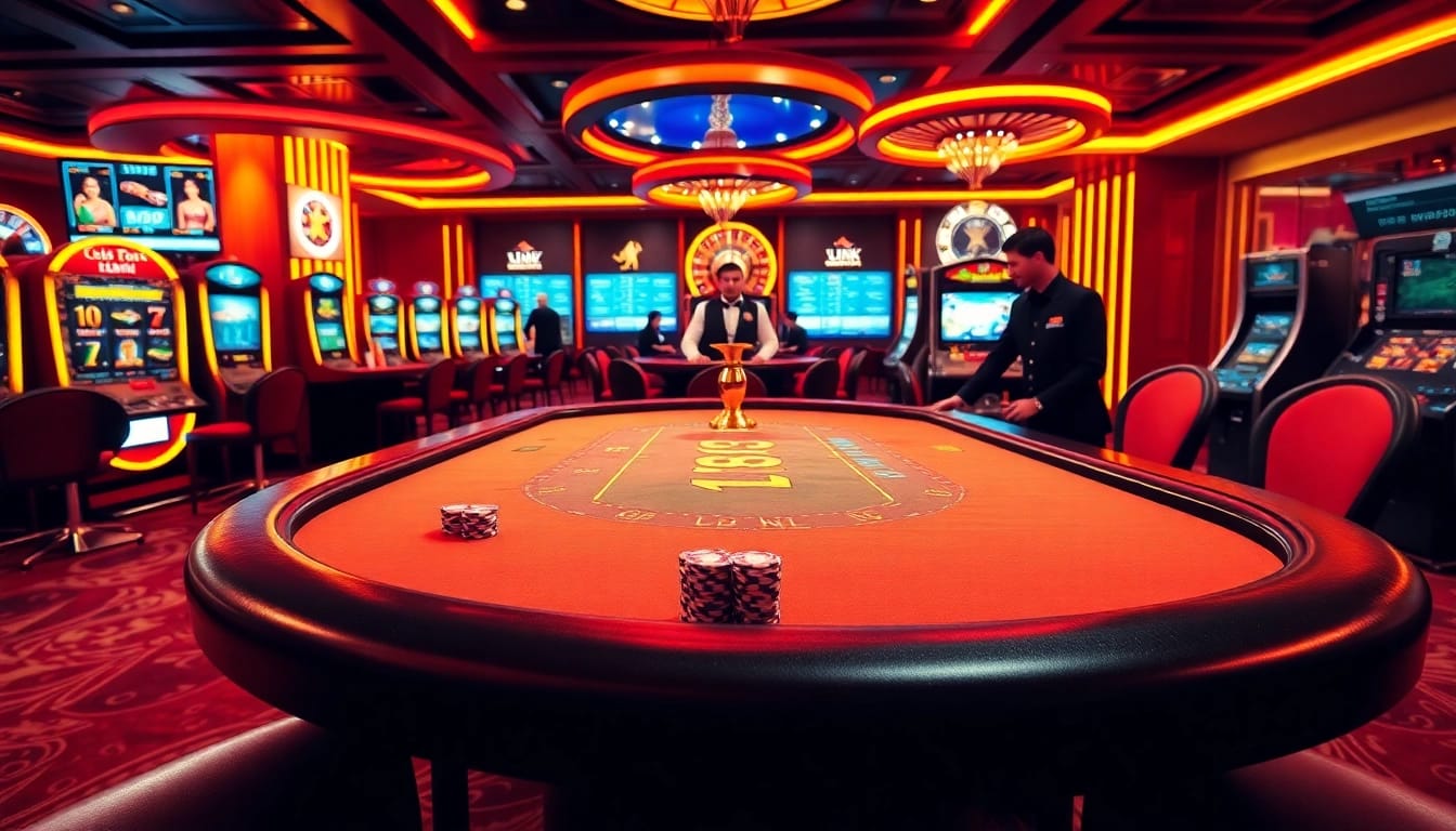 Engage in thrilling gameplay at a vibrant Lc88 Link-themed casino table with poker chips and dealers.