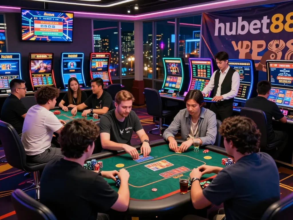 Players enjoying their gaming experience at hubet88's vibrant online casino, engaging with various games.