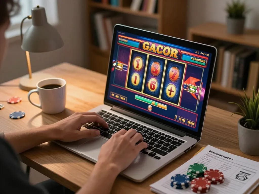 Menghargai permainan slot gacor di rumah dengan catatan strategis dan layar yang cerah.