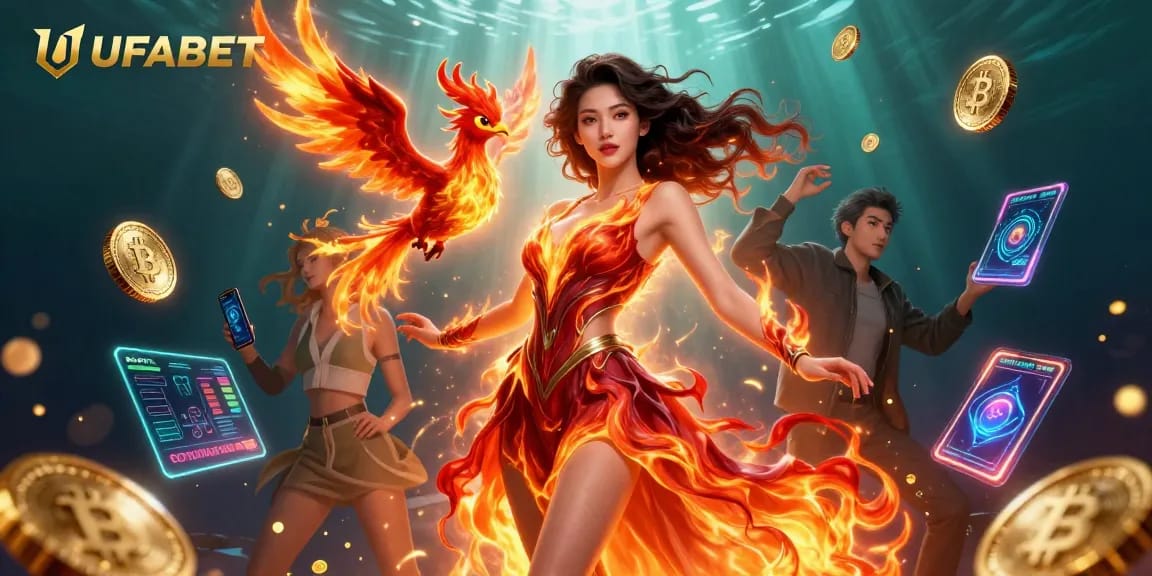 Bet on UFABET with a vibrant phoenix and cryptocurrency elements enhancing the gaming experience.