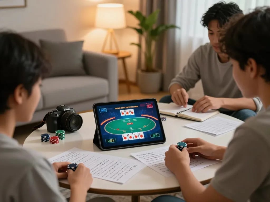 LC88 players strategizing their poker game at home using a tablet with betting notes.