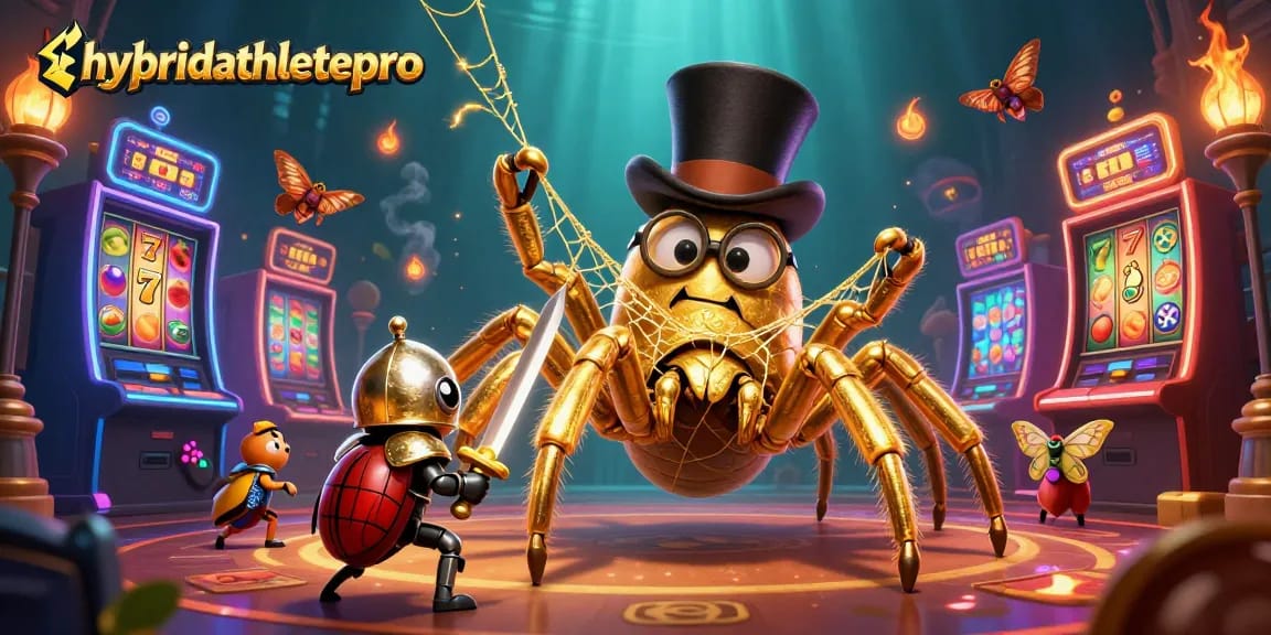 Engage with hybridathletepro's vibrant casino scene featuring a golden tarantula and beetle knight gaming.