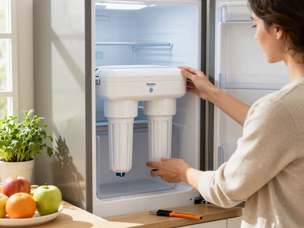 Installing the Waterdrop Plus DA29-00020B NSF 401 Certified Water Filter in a modern kitchen.