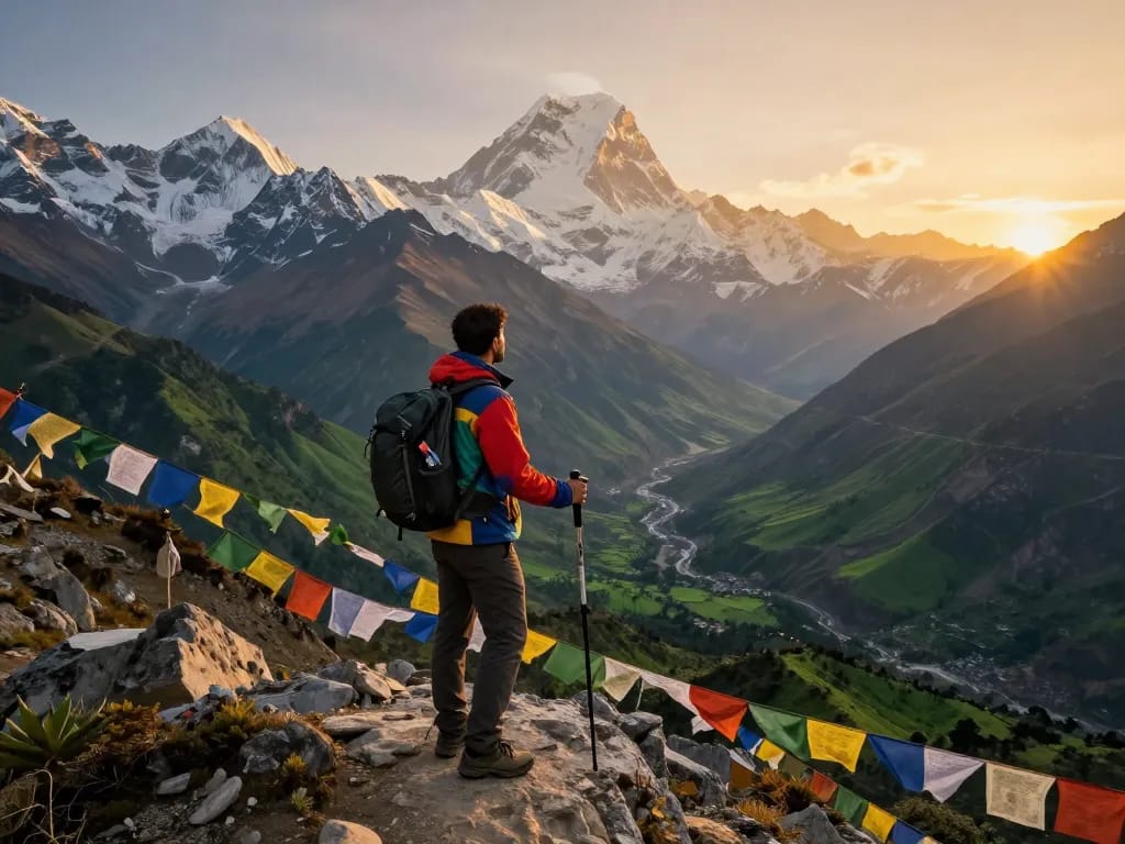 Traveler on the Annapurna Circuit, enjoying scenic mountain views during sunset.