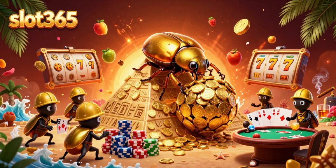 Spin the reels at slot365 with dazzling jackpots and vibrant casino symbols in this colorful scene.