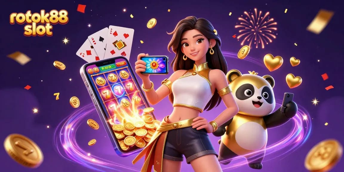 Experience excitement with rokok88 slot as an Asian woman showcases a golden smartphone game.