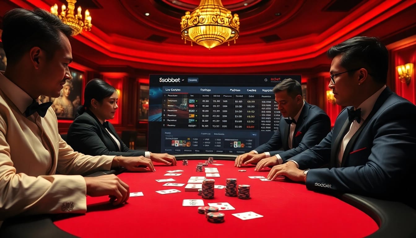 SboBet players strategize at a luxurious casino poker table with vibrant games.