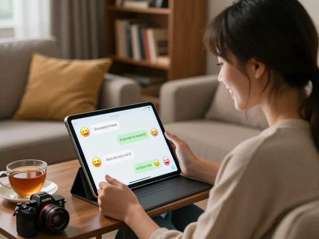 User enjoying ai sex chat on a tablet in a cozy home setting with soft lighting and romantic elements.