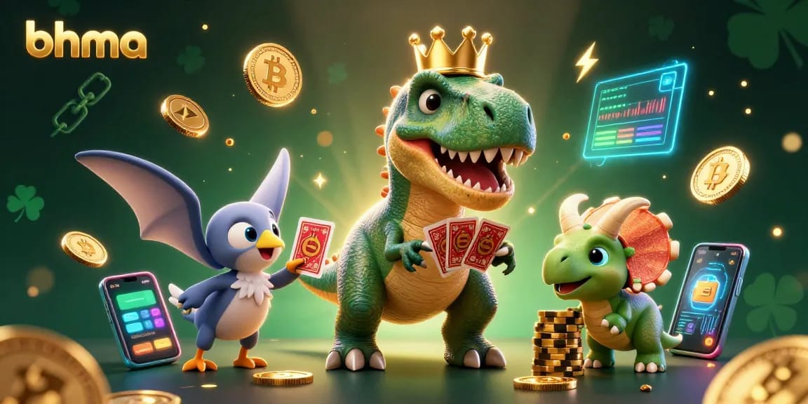 Experience unparalleled fun at bhma’s vibrant casino scene with a T-Rex shuffling cards.