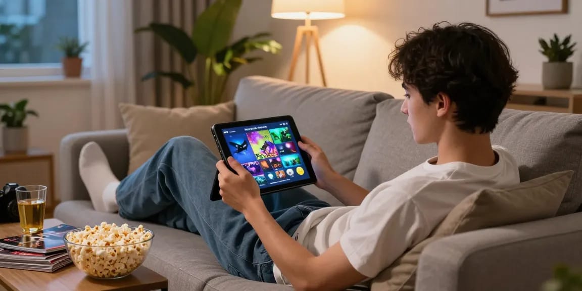 Engaging gameplay moment of a user enjoying xxx games on a tablet in a cozy living room setting.
