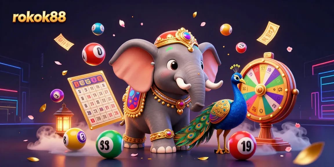 Play and win with rokok88 in this vibrant, dynamic digital casino scene featuring games and excitement.