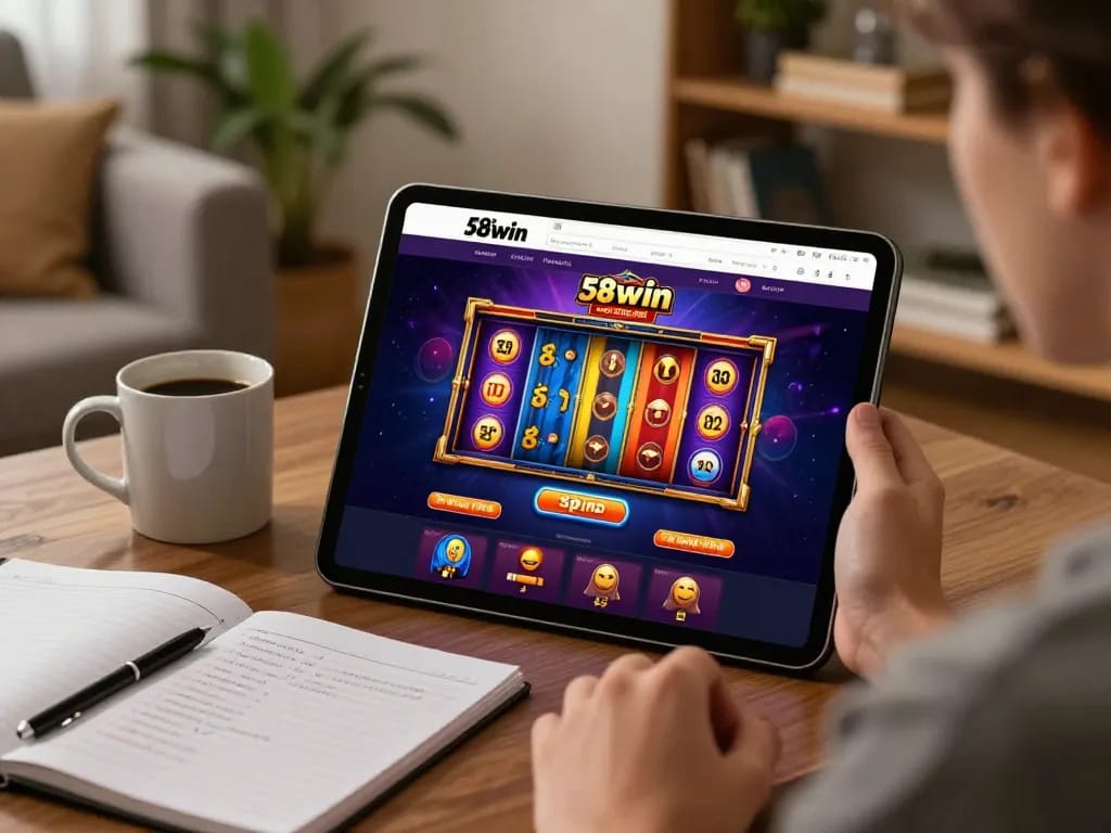 Engaging online gaming experience at 58win featuring vibrant slot games on a tablet screen.