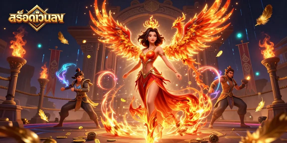 Engage with สล็อตเว็บตรง in dynamic gameplay, showcasing a stunning woman with fiery gown and winning energy.