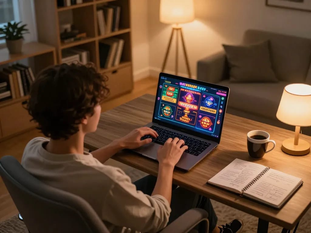 Engaging in online casino gaming with hidden wiki onion resources on laptop at home.