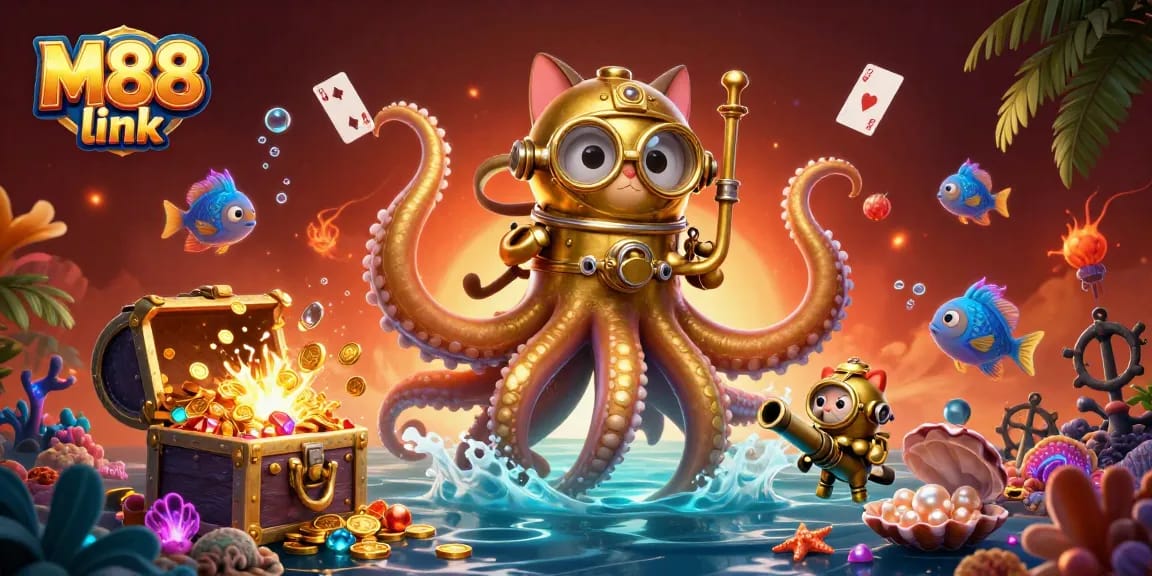 M88 link showcases exciting underwater casino elements with a vibrant kraken and diving cat.