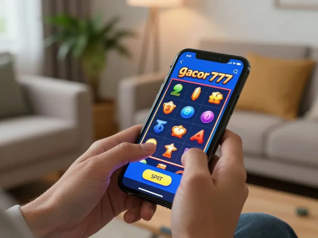 Engaging moment in online gaming with slot gacor 777 displaying vibrant symbols on mobile app