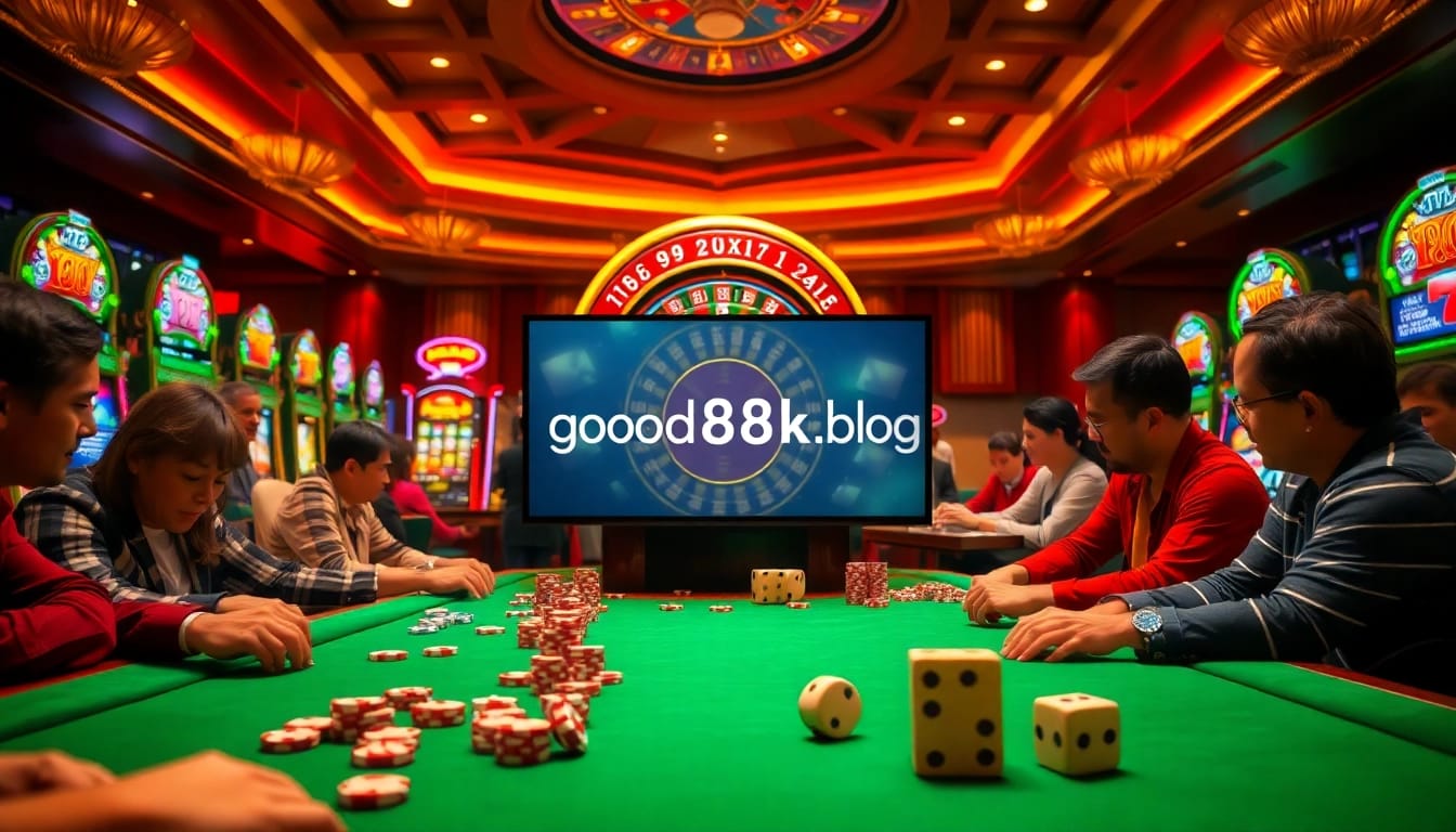 Experience the thrill of gambling at good88k.blog with vibrant casino visuals of poker, roulette, and slot machines.
