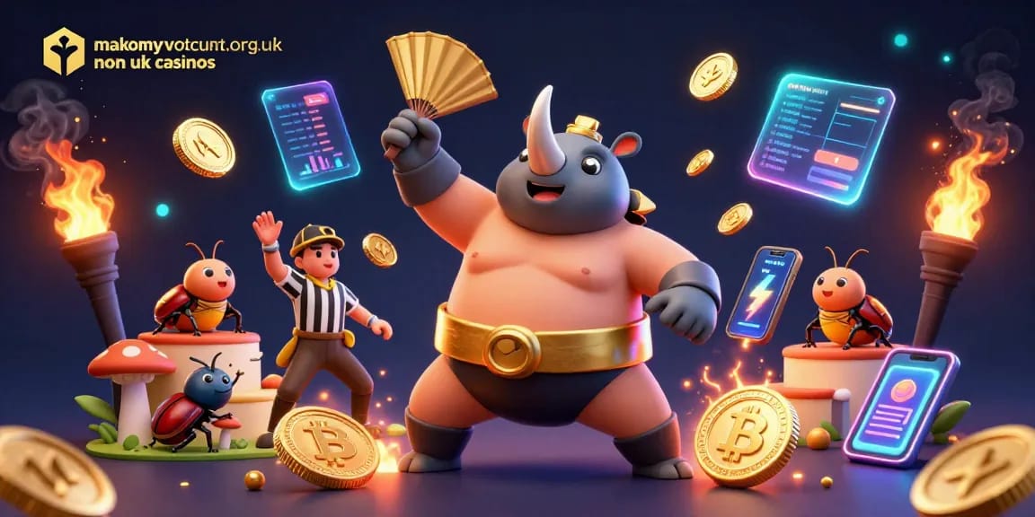 Experience makemyvotecount.org.uk non uk casinos with an exciting digital illustration of a sumo beetle champion amidst glowing crypto coins.