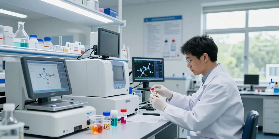 Scientist researching high-purity peptides at Swiss Chems in a modern lab.