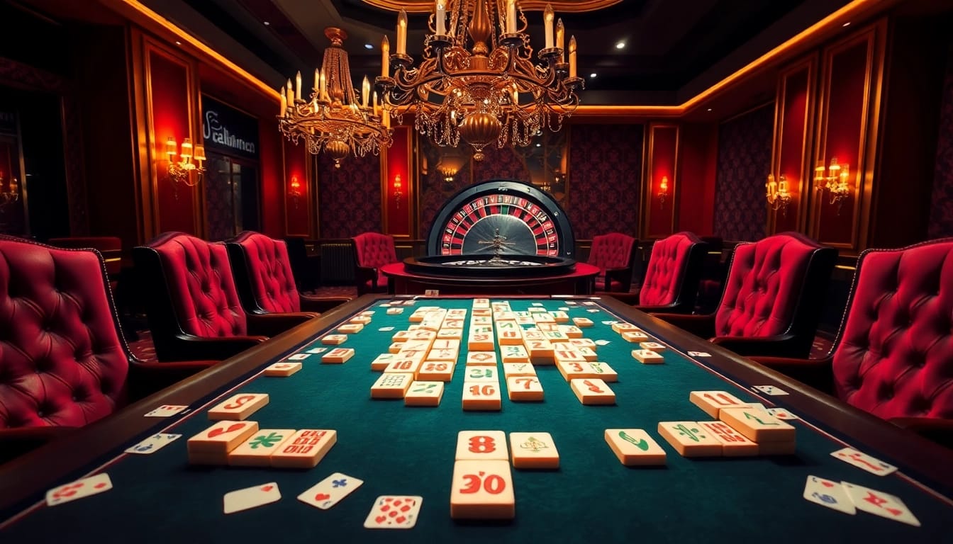Berinteraksi dengan Mahjong Link di meja kasino mewah yang dipenuhi ubin berwarna cerah dan suasana penuh semangat.