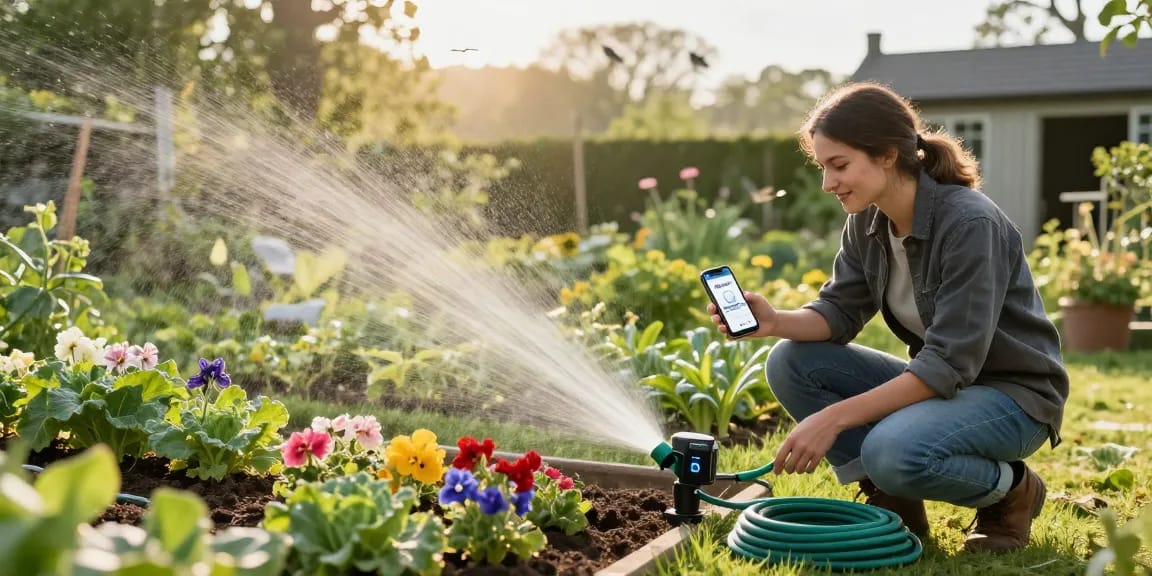 Garden scene with Rainpoint irrigation controllers setup for efficient watering in blooming flower beds.