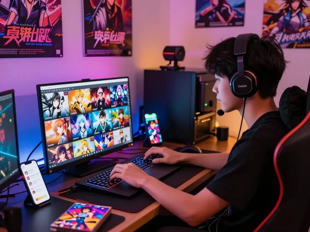 Gamer enjoying a selection of porn games online in an engaging neon-lit setup.