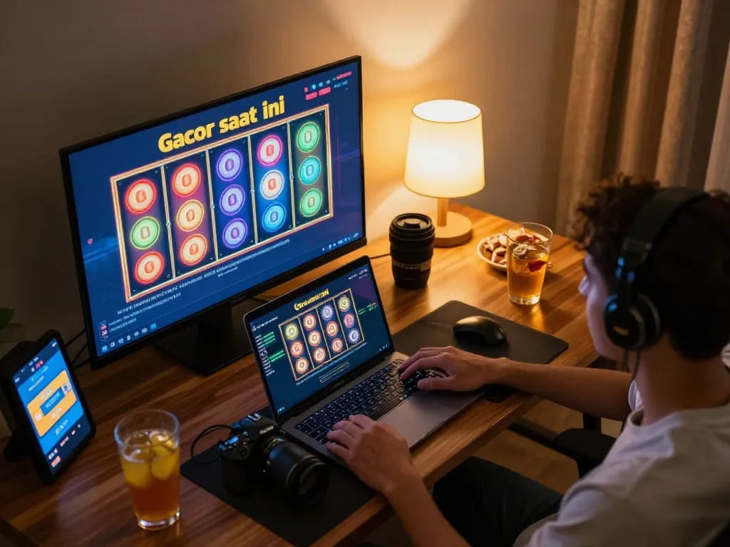 Engaging online gaming experience showing slot gacor saat ini with colorful reels and cozy home setup.