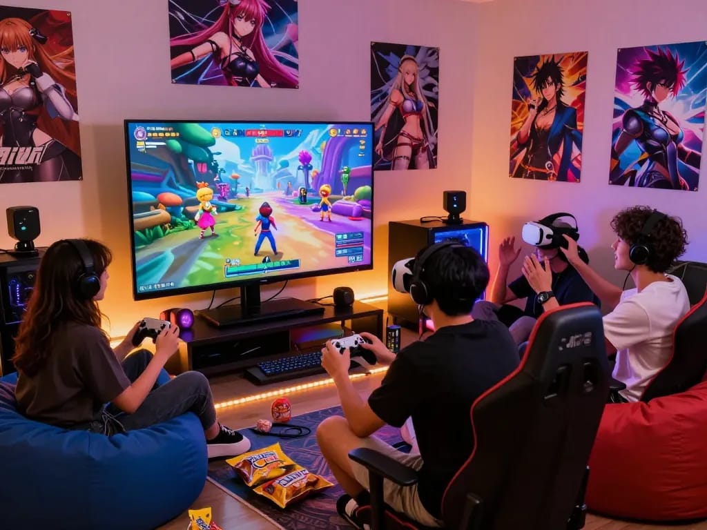 Friends enjoying a multiplayer hentai game in a vibrant gaming setup, with colorful graphics and exciting atmosphere.