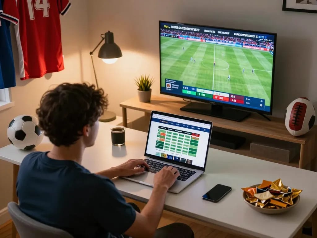 Person placing bets on sports using the https://nddo.org platform during a game.