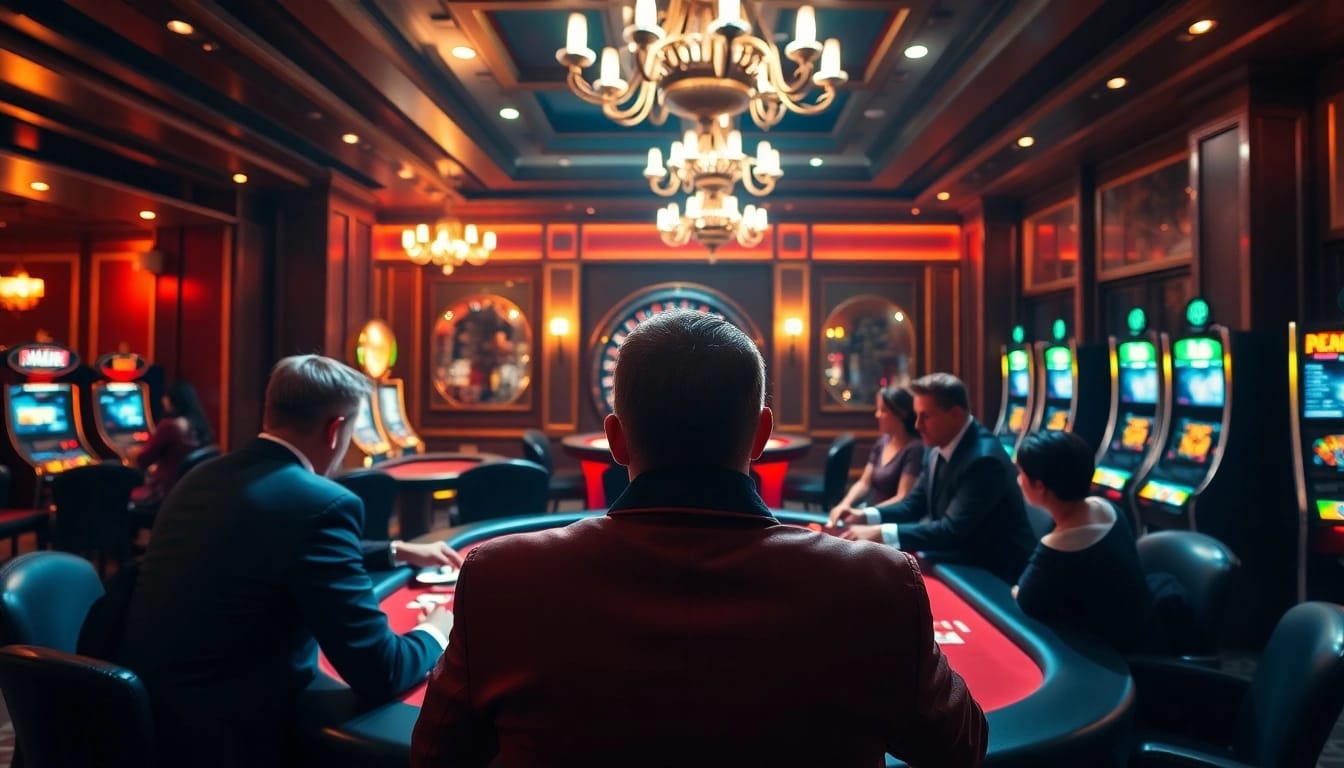Participez à une action palpitante à une table de poker sur un site de casino en ligne dans un cadre luxueux.