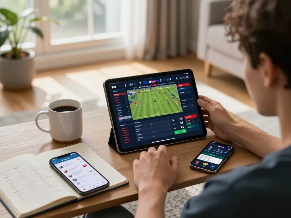 Engaged bettor using tablet on 7m for live sports betting, comfortable home setting, strategic gameplay.