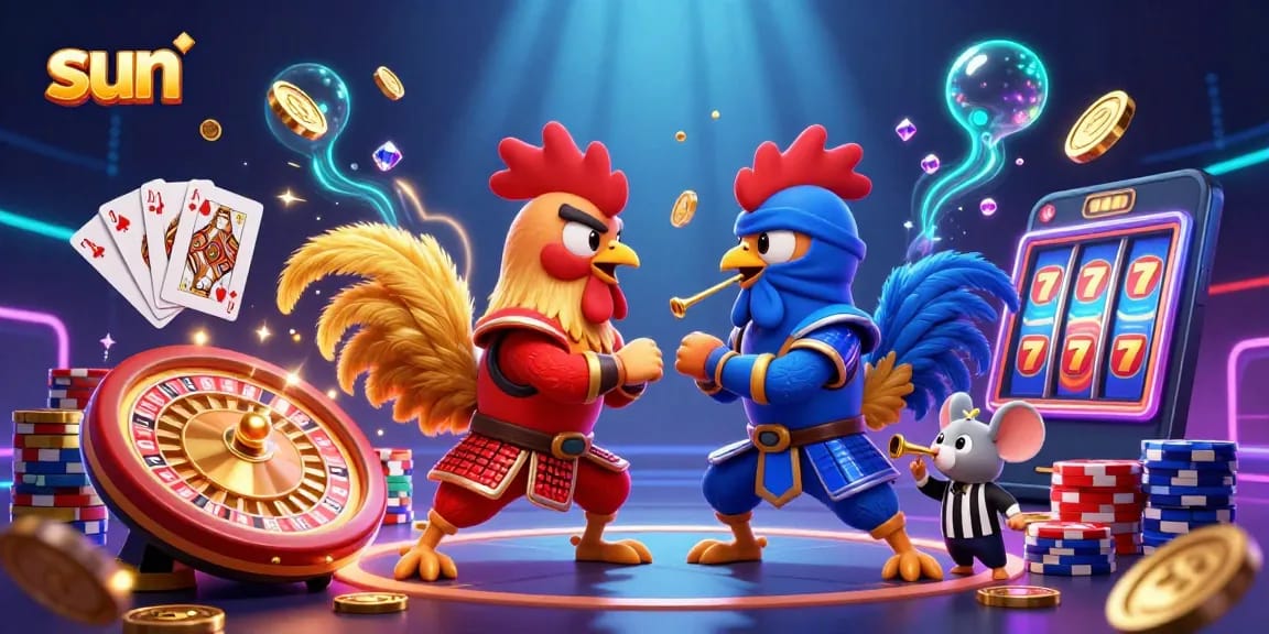 Bet on intense rooster battles amid cascading gold and gems in the sun-themed casino.