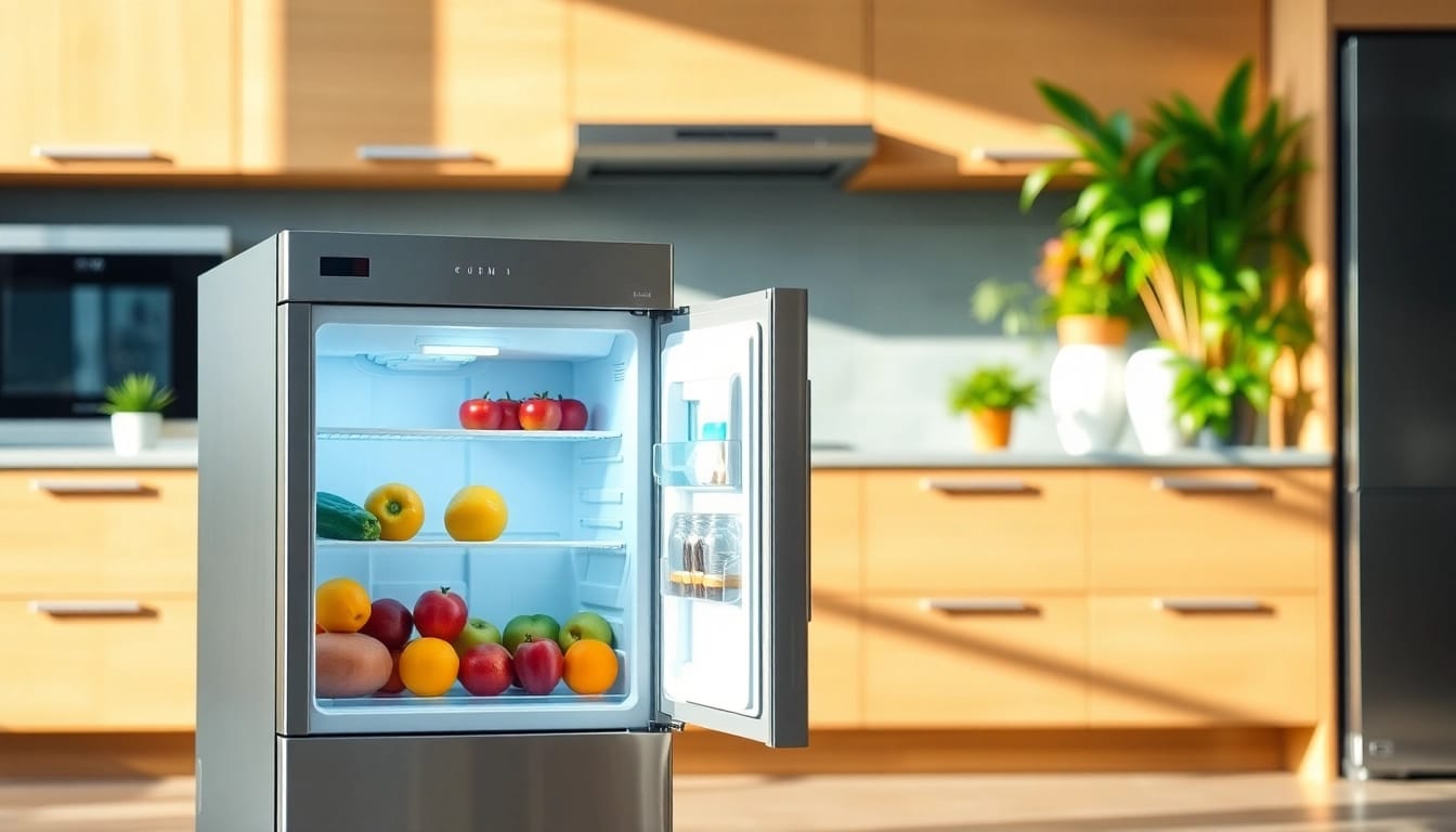 Showcasing an affordable mini fridge and freezer in a modern kitchen with natural lighting.