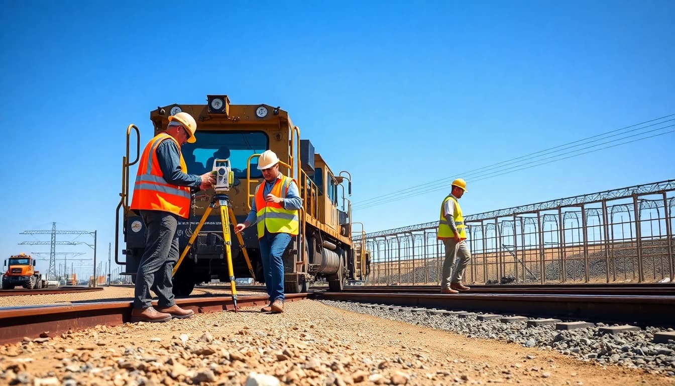 Railroad Contractors collaborating on a construction site with heavy machinery in action.