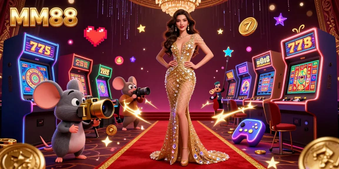 Engage with MM88 slots in a vibrant, golden-gilded casino atmosphere filled with 3D game elements